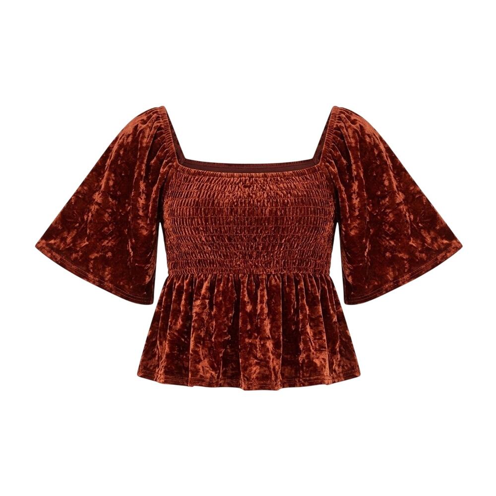 American Eagle Smocked Peplum Top Crushed Velvet Rust